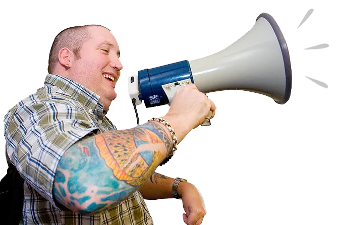 man with megaphone speaking for self advocates