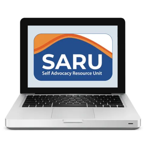 Computer with Saru logo displayed