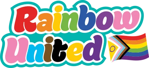 Rainbow United logo in the colours of the progress pride flag